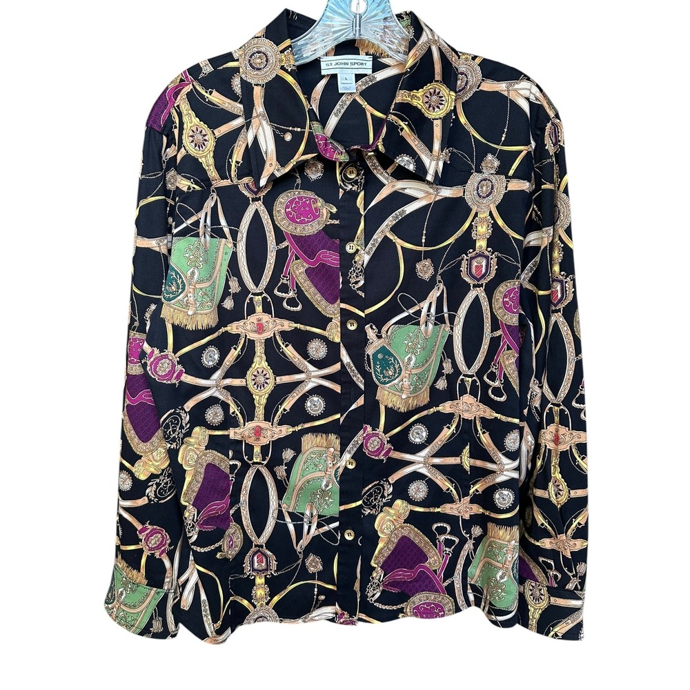 St. John Sport Vintage Equestrian Chain Print Button Down Shirt L Heritage - Picture 5 of 11